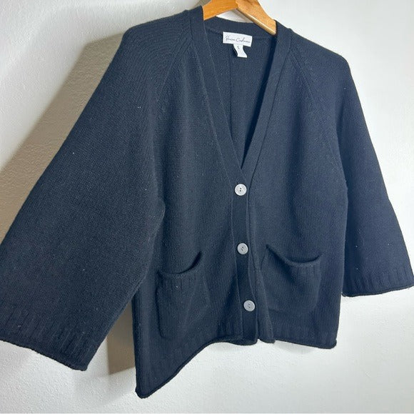 Revive Cashmere Revive Cashmere Merino Wool Cashmere Black Boxy Cropped Knit Button Cardigan - Merino Wool, Cashmere