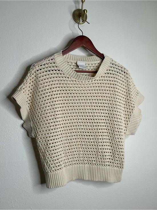 Varley Varley 100% Cotton Textured Open Knit Julianna Short Sleeve Sweater Cream - Cotton