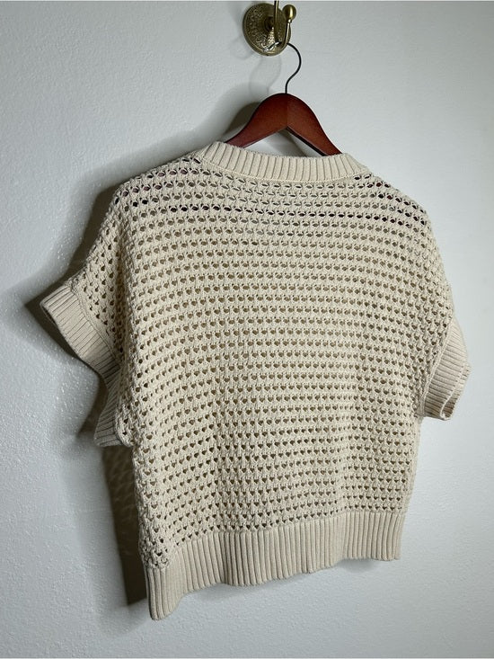 Varley 100% Cotton Textured Open Knit Julianna Short Sleeve Sweater Cream