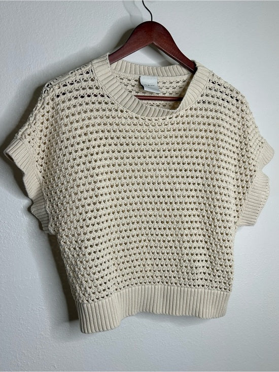 Varley Varley 100% Cotton Textured Open Knit Julianna Short Sleeve Sweater Cream - Cotton
