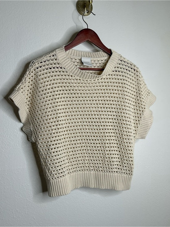 Varley Varley 100% Cotton Textured Open Knit Julianna Short Sleeve Sweater Cream - Cotton