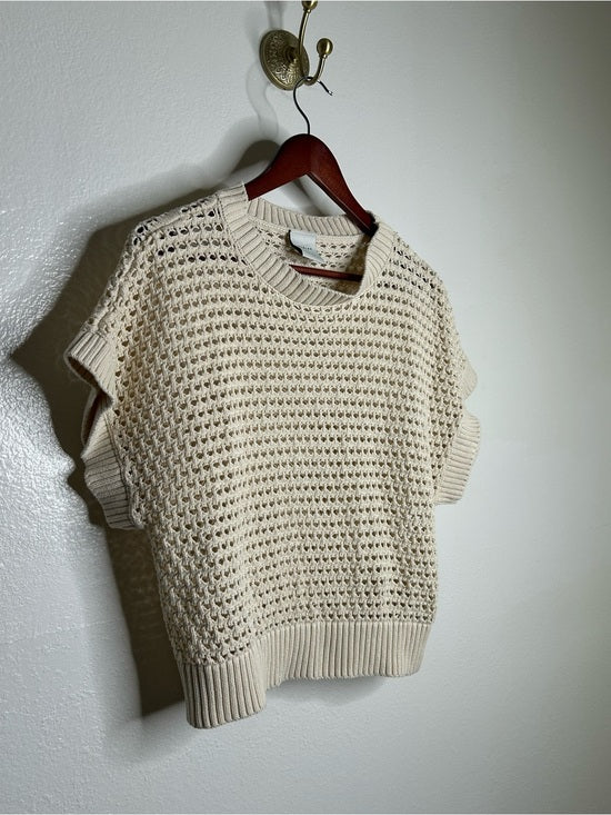 Varley Varley 100% Cotton Textured Open Knit Julianna Short Sleeve Sweater Cream - Cotton