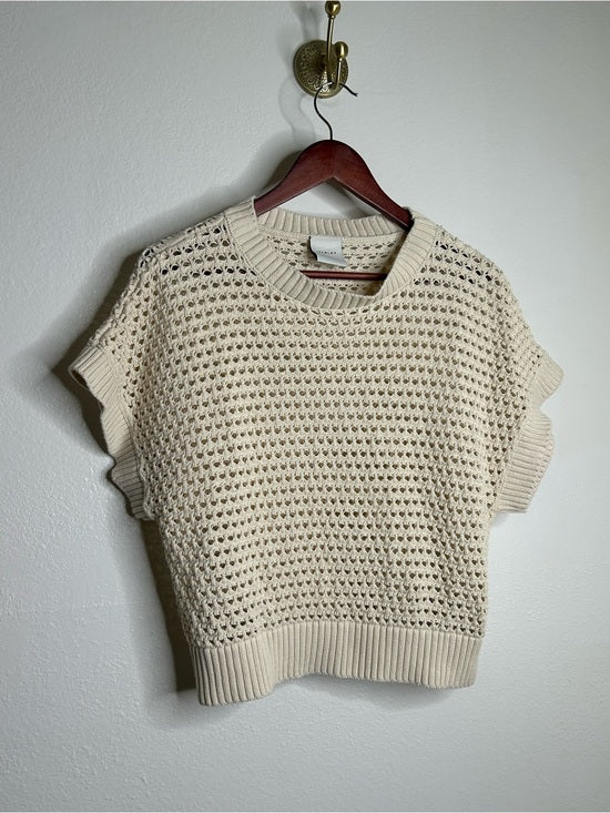 Varley Varley 100% Cotton Textured Open Knit Julianna Short Sleeve Sweater Cream - Cotton