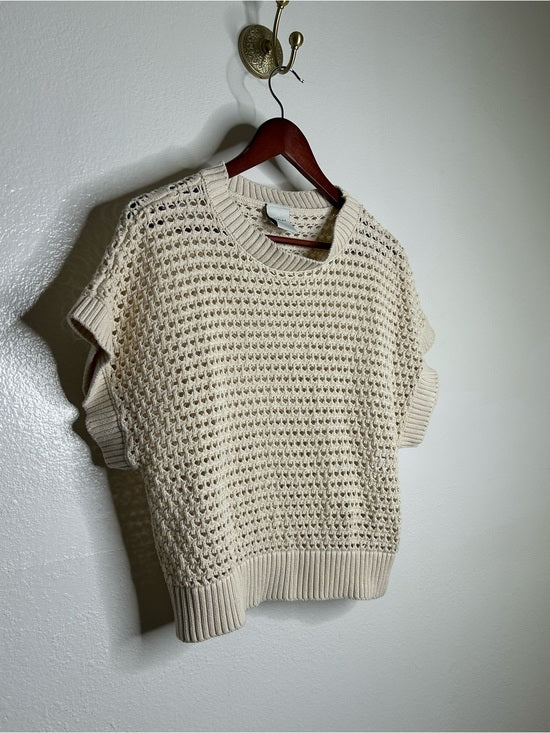 Varley Varley 100% Cotton Textured Open Knit Julianna Short Sleeve Sweater Cream - Cotton