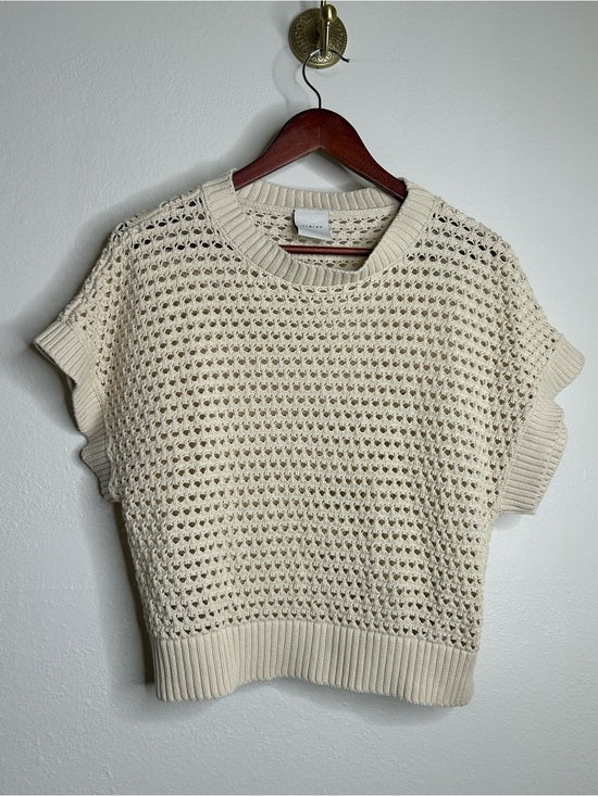 Varley 100% Cotton Textured Open Knit Julianna Short Sleeve Sweater Cream
