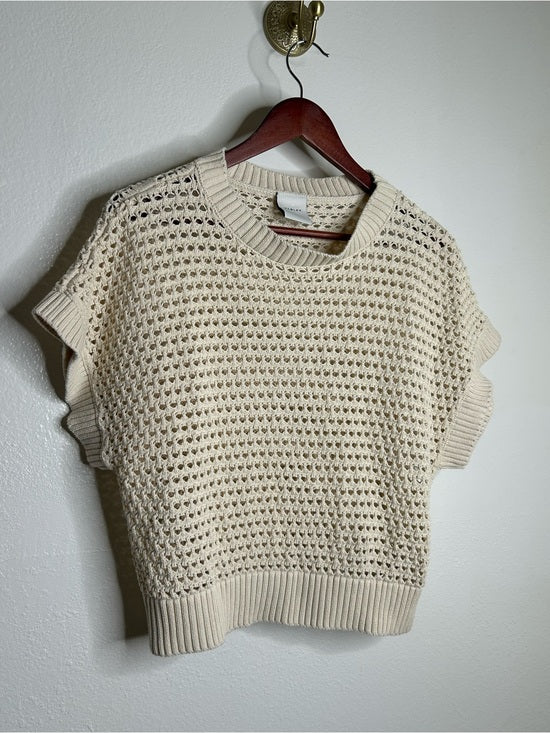 Varley 100% Cotton Textured Open Knit Julianna Short Sleeve Sweater Cream