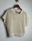 Varley 100% Cotton Textured Open Knit Julianna Short Sleeve Sweater Cream