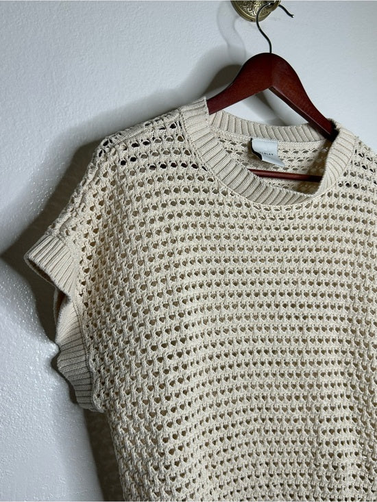 Varley 100% Cotton Textured Open Knit Julianna Short Sleeve Sweater Cream