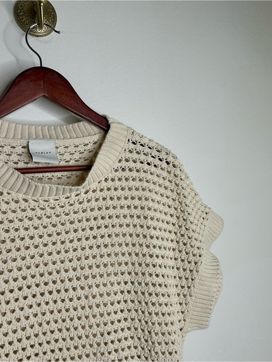 Varley 100% Cotton Textured Open Knit Julianna Short Sleeve Sweater Cream