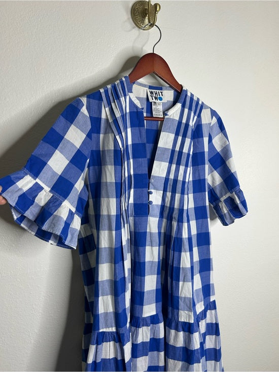 Anthropologie Whit Two 100% Cotton Tiered Blue Gingham Short Sleeve Midi Dress