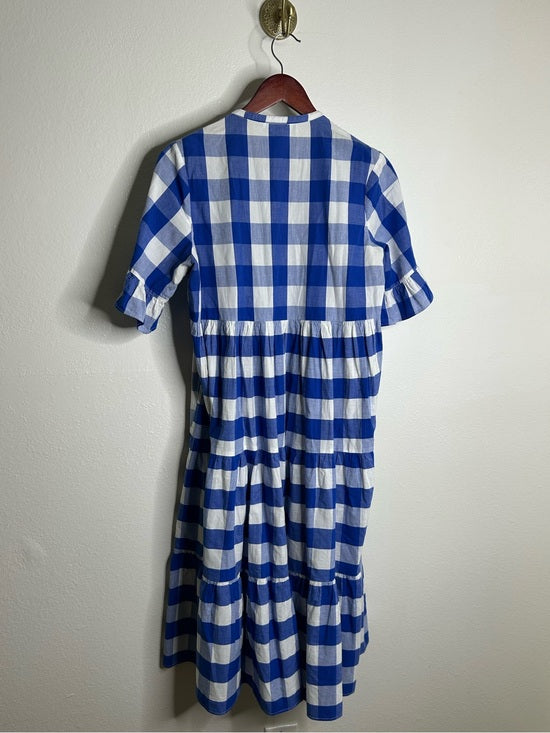 Anthropologie Whit Two 100% Cotton Tiered Blue Gingham Short Sleeve Midi Dress