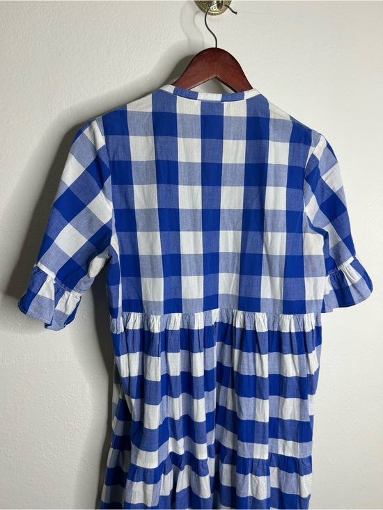 Anthropologie Whit Two 100% Cotton Tiered Blue Gingham Short Sleeve Midi Dress