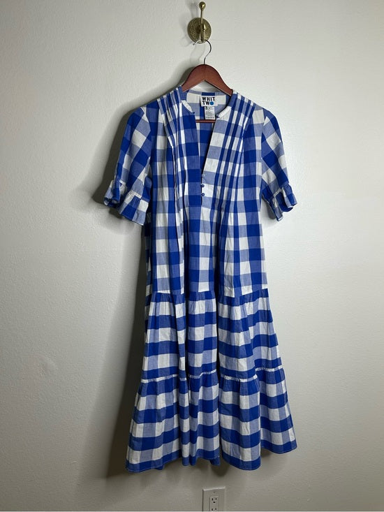 Anthropologie Whit Two 100% Cotton Tiered Blue Gingham Short Sleeve Midi Dress