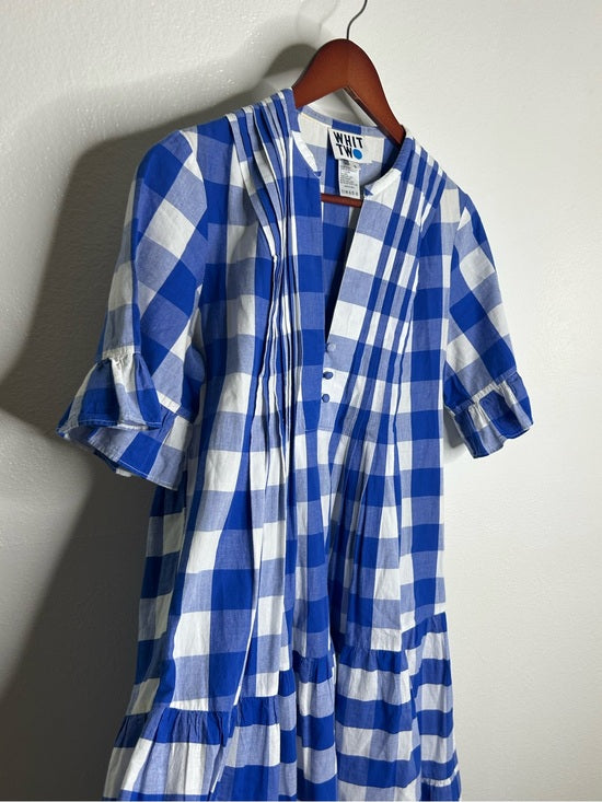Anthropologie Whit Two 100% Cotton Tiered Blue Gingham Short Sleeve Midi Dress