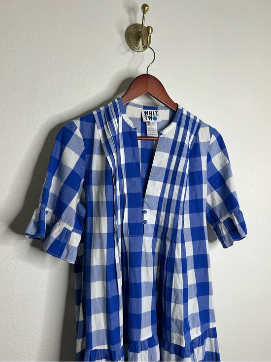 Anthropologie Whit Two 100% Cotton Tiered Blue Gingham Short Sleeve Midi Dress