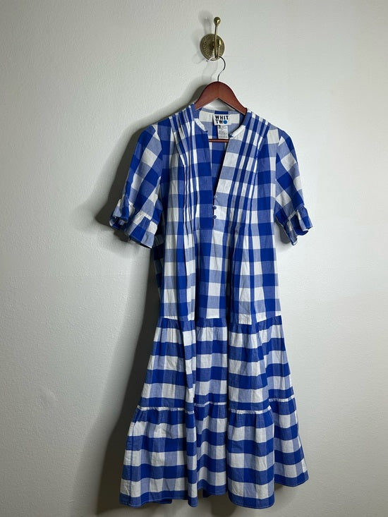 Anthropologie Whit Two 100% Cotton Tiered Blue Gingham Short Sleeve Midi Dress