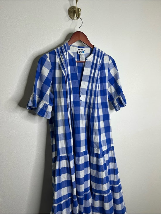 Anthropologie Whit Two 100% Cotton Tiered Blue Gingham Short Sleeve Midi Dress