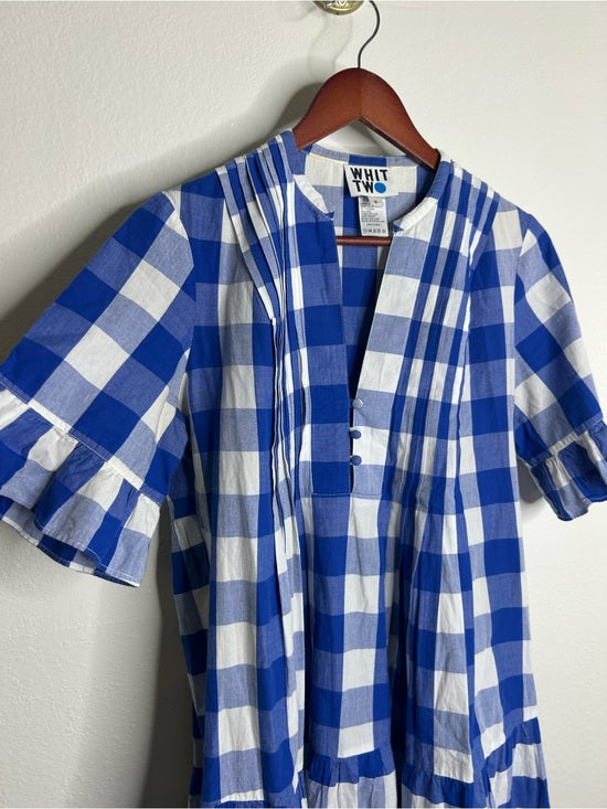 Anthropologie Whit Two 100% Cotton Tiered Blue Gingham Short Sleeve Midi Dress