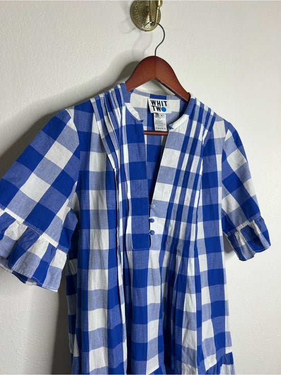 Anthropologie Whit Two 100% Cotton Tiered Blue Gingham Short Sleeve Midi Dress