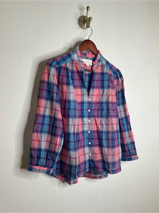 Trovata Trovata 100% Cotton Blue Pink Checkered Button Down Quincy Blouse - Cotton