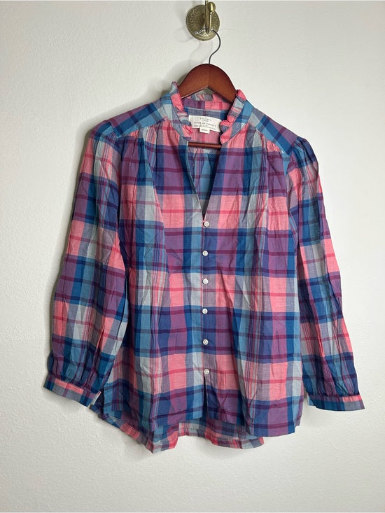 Trovata Trovata 100% Cotton Blue Pink Checkered Button Down Quincy Blouse - Cotton