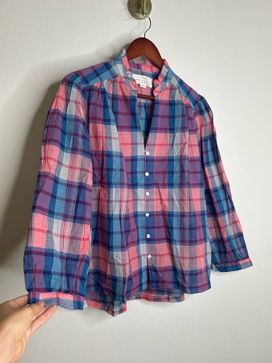 Trovata Trovata 100% Cotton Blue Pink Checkered Button Down Quincy Blouse - Cotton