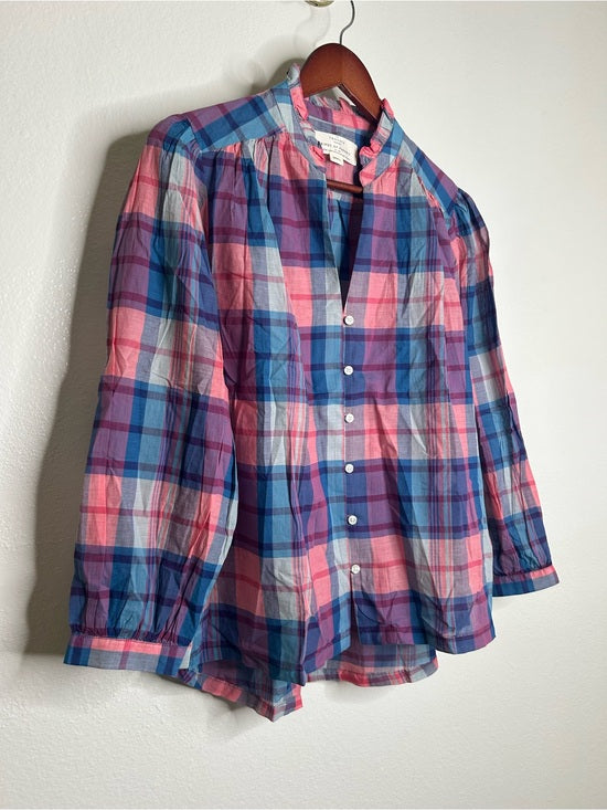 Trovata Trovata 100% Cotton Blue Pink Checkered Button Down Quincy Blouse - Cotton