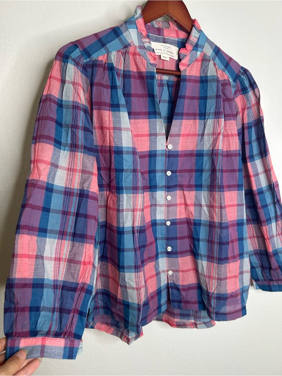 Trovata Trovata 100% Cotton Blue Pink Checkered Button Down Quincy Blouse - Cotton