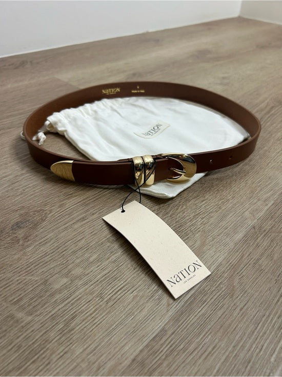 Nation LA Genuine Leather Joss Belt in Cognac Brown Gold Hardware