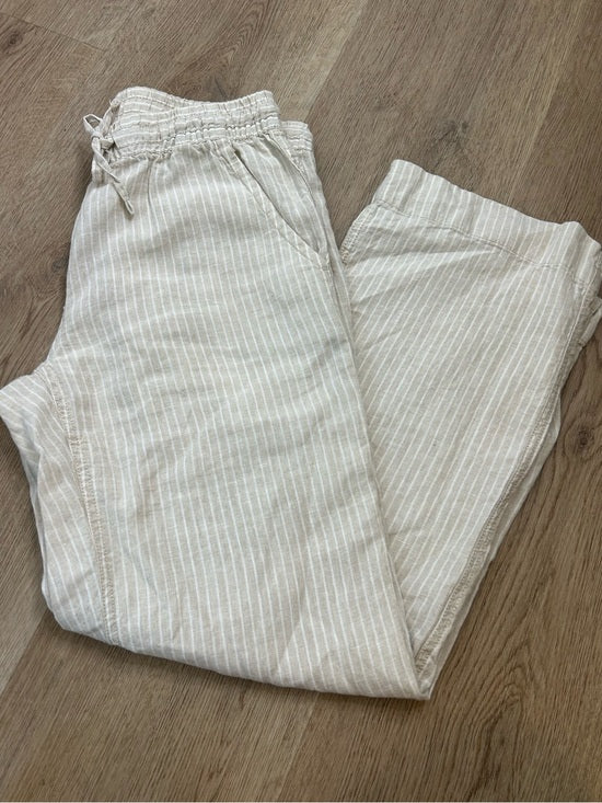 L.L. Bean 100% Linen Neutral Striped Pull on Straight Leg Drawstring Pant