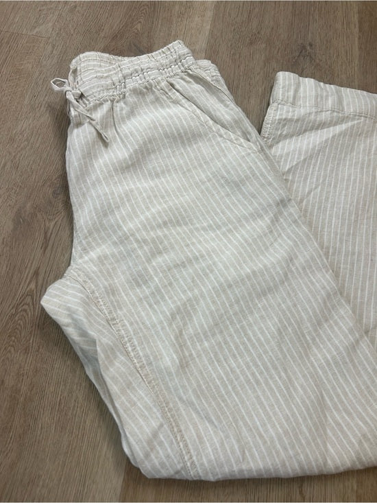 L.L. Bean 100% Linen Neutral Striped Pull on Straight Leg Drawstring Pant