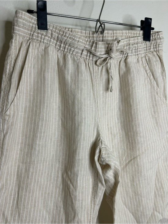 L.L. Bean 100% Linen Neutral Striped Pull on Straight Leg Drawstring Pant