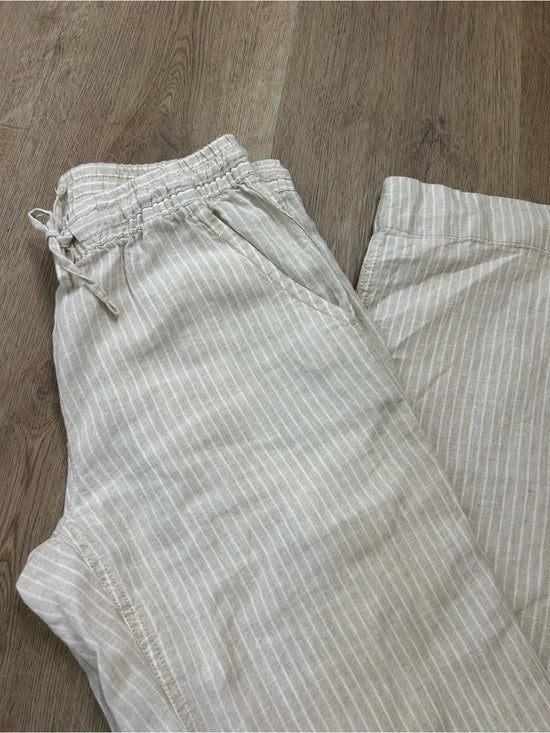 L.L. Bean 100% Linen Neutral Striped Pull on Straight Leg Drawstring Pant