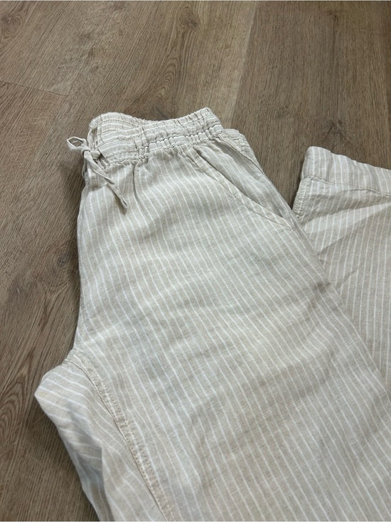 L.L. Bean 100% Linen Neutral Striped Pull on Straight Leg Drawstring Pant