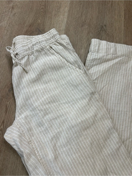 L.L. Bean 100% Linen Neutral Striped Pull on Straight Leg Drawstring Pant