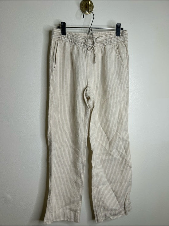 L.L. Bean 100% Linen Neutral Striped Pull on Straight Leg Drawstring Pant