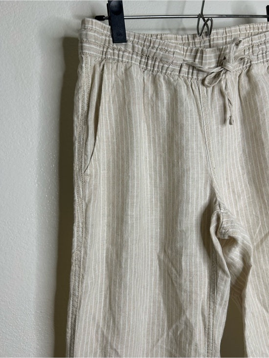L.L. Bean 100% Linen Neutral Striped Pull on Straight Leg Drawstring Pant