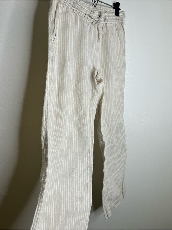 L.L. Bean 100% Linen Neutral Striped Pull on Straight Leg Drawstring Pant