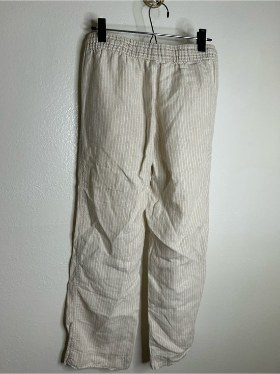 L.L. Bean 100% Linen Neutral Striped Pull on Straight Leg Drawstring Pant