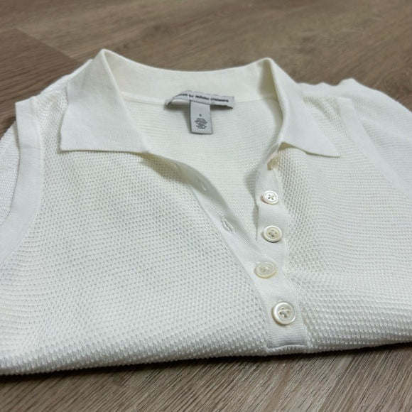 Autumn Cashmere Cotton by Autumn Cashmere 100% Cotton Knit White Sleeveless Polo Top - Cotton