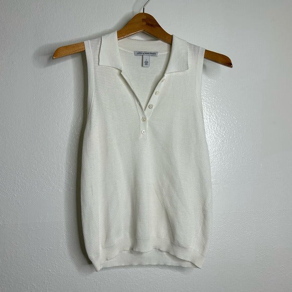 Autumn Cashmere Cotton by Autumn Cashmere 100% Cotton Knit White Sleeveless Polo Top - Cotton