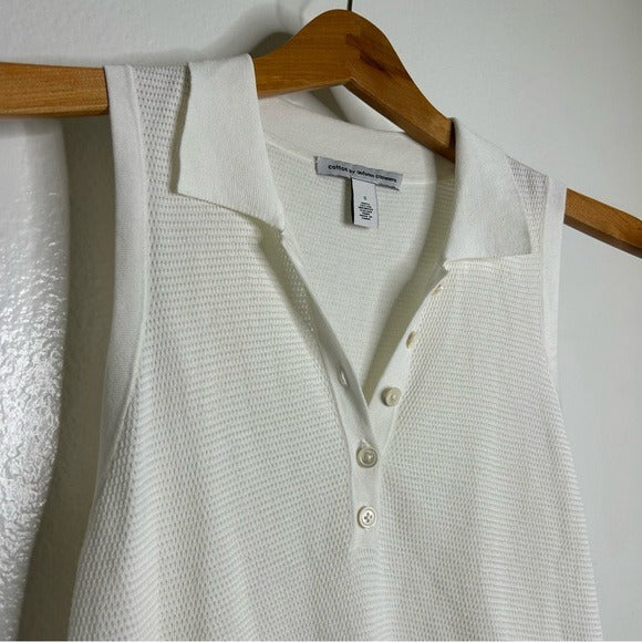 Autumn Cashmere Cotton by Autumn Cashmere 100% Cotton Knit White Sleeveless Polo Top - Cotton