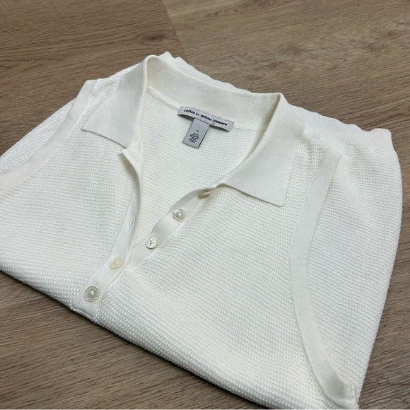 Autumn Cashmere Cotton by Autumn Cashmere 100% Cotton Knit White Sleeveless Polo Top - Cotton