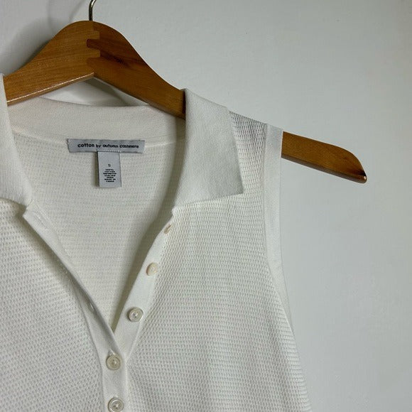 Autumn Cashmere Cotton by Autumn Cashmere 100% Cotton Knit White Sleeveless Polo Top - Cotton