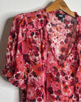 PAIGE 100% Silk Pink Floral Short Sleeve Flowy V- Neck Blouse Top