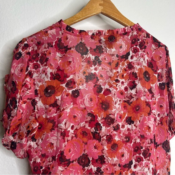 PAIGE 100% Silk Pink Floral Short Sleeve Flowy V- Neck Blouse Top