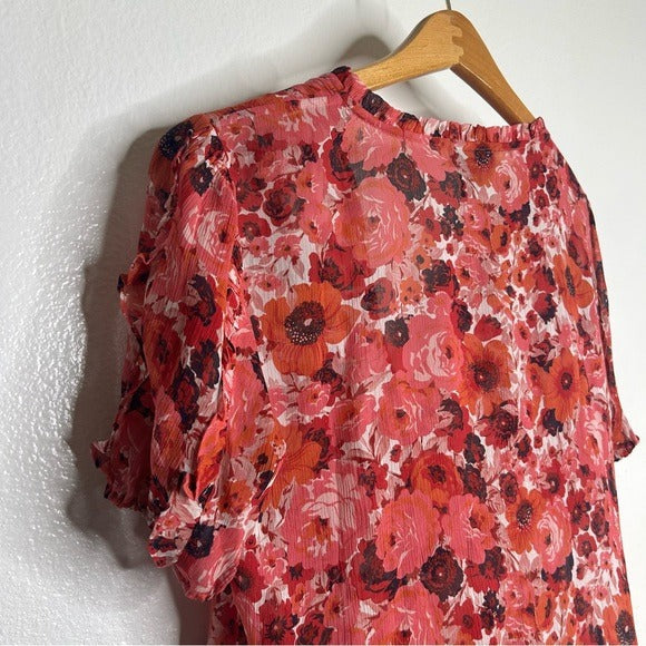 PAIGE 100% Silk Pink Floral Short Sleeve Flowy V- Neck Blouse Top