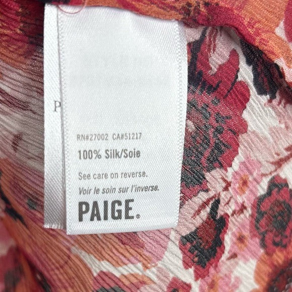 PAIGE 100% Silk Pink Floral Short Sleeve Flowy V- Neck Blouse Top
