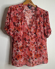 PAIGE 100% Silk Pink Floral Short Sleeve Flowy V- Neck Blouse Top