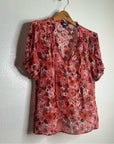 PAIGE 100% Silk Pink Floral Short Sleeve Flowy V- Neck Blouse Top